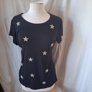 INC Y2K Top Womens M Whimsigoth Goblincore Fairy Goth Black star tee gold  L